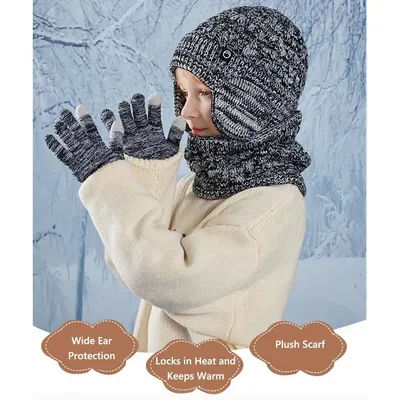 Ensemble bonnet, écharpe et gants doublés polaire pour enfants – Bonnets d'hiver chauds à protège-oreilles épais et bonnets anti-froid