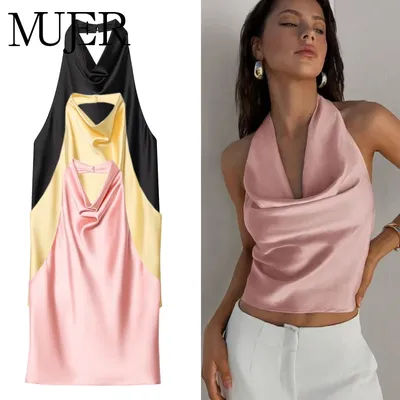 MUJER Satin haut à licou femme 2026 Sexy dos nu hauts pour femmes Camisole épaules nues haut d'été femmes rose noir haut femme
