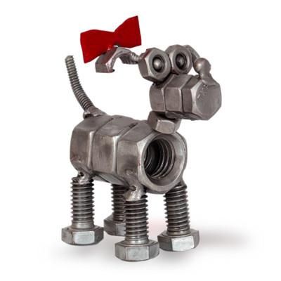Steel Gal,'Whimsical Eco-Friendly Metal Dog Figurine with Red Ribbon'