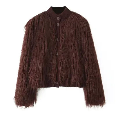 Veste marron en fausse fourrure à simple boutonnage pour femme, manteau court en peluche, col mi-haut, vestes en fourrure, hauts chauds et moelleux, hiver