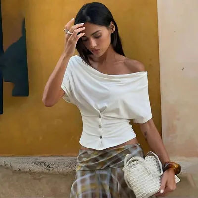 Tuularose femmes haut d'été mode bouton-avant Patchwork col en v plissé haut ajusté nouveau décontracté haute rue fête femmes T-Shirts