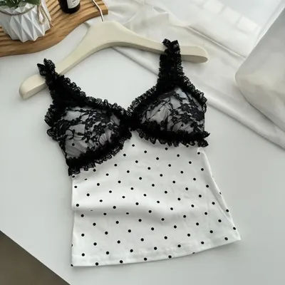 Haut court sans manches style Spicy Girl pour filles, col en V, coupe ajustée, haut à bretelles pour femme, camisole en maille à pois avec dentelle douce et coussinets, été