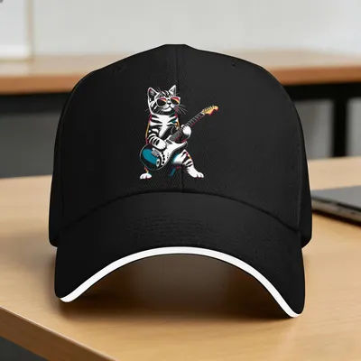Casquette de baseball rétro ajustée pour femme et homme, motif chat guitare, idéale pour les fans de musique rock, concert, ou comme chapeau de soleil.