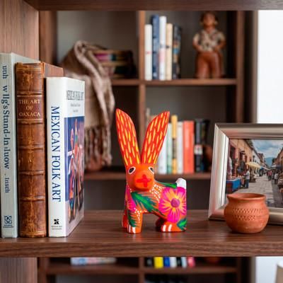 'Striped Floral Leaf-Patterned Hare Wood Alebrije Figurine'