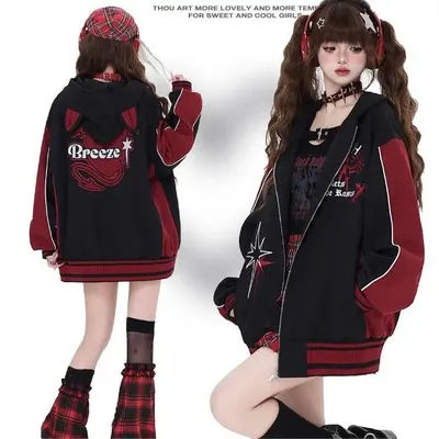 Veste de Baseball gothique pour femmes, Streetwear esthétique Y2k, oreilles de chat, noir-rouge, à capuche, manteau imprimé polyvalent, veste bombardier pour femmes, automne