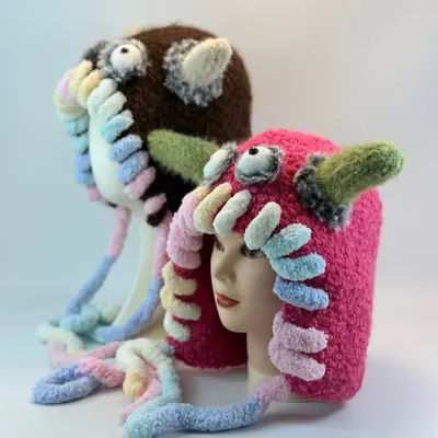 Chapeaux tricotés Dopamine monstre drôle pour femmes, chapeau mignon en fourrure, bonnet d'hiver, Protection des oreilles chaude pour l'extérieur, chapeaux de bombardier