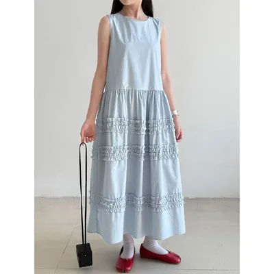 O cou bleu doux en bois oreille couture gilet longue robe femmes printemps été dentelle laminée français blanc sans manches gâteau robe