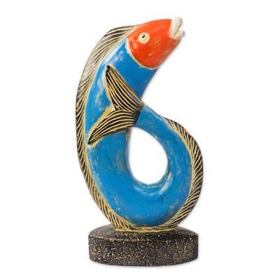 Fish Curl,'Rustic Wood Fish Sculpture in Blue from Ghana'