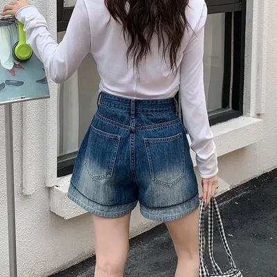 Shorts en jean pour femme, nouvelle collection été, style rétro, ourlet retroussé, taille haute, coupe ample, amincissant, décontracté