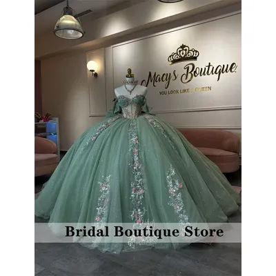 Robe De bal en tulle vert sauge pour femmes, robe De concours De beauté avec des Appliques De perles, robe De Quinceanera scintillante, personnalisée