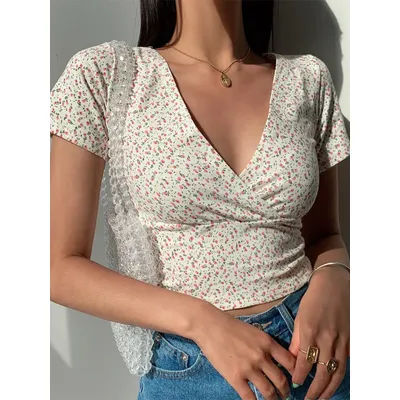 T-shirt à manches courtes et col en v pour femme, haut d'été, rétro français, floral, Slim, amincissant, sauvage, taille haute