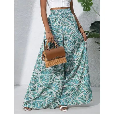 Pantalon large pour femme, imprimé feuilles tropicales, style bohème, taille haute, fluide, décontracté, pour les vacances à la plage