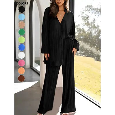Ensemble haut texturé uni à simple boutonnage et pantalon large pour femme, haut décontracté à manches longues associé à un pantalon taille haute