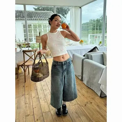 Shorts en jean taille haute pour femme, coupe droite décontractée, style rétro, pour l'été