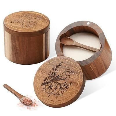 2 saliere in legno di acacia con cucchiaio e coperchio girevole, saliera incisa per piano di lavoro, contenitore per spezie in legno e ciotola per la conservazione in cucina