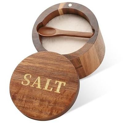 2 saliere in legno di acacia con cucchiaio e coperchio girevole, saliera incisa per piano di lavoro, contenitore per spezie in legno e ciotola per la conservazione in cucina