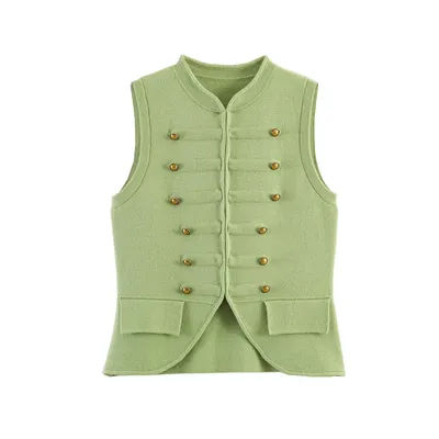 Gilet en tricot vert de style militaire pour femmes, décoration de boutons dorés, débardeur sans manches