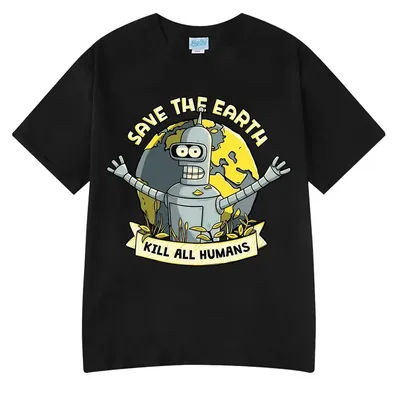 T-shirt drôle « Sauvez la planète, tuez tous les humains » avec imprimé robot, pour hommes et femmes, à manches courtes, en coton, coupe oversize