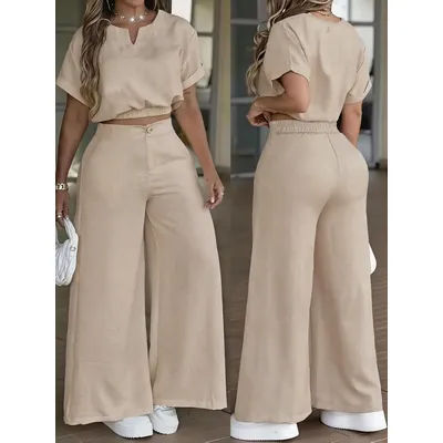 Ensemble élégant pour femme, pantalon large drapé taille haute de couleur unie avec haut à taille élastique