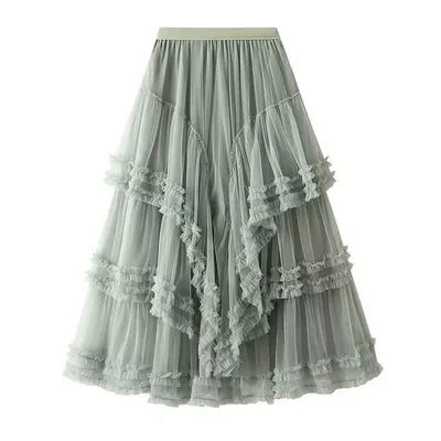 Jupe longue asymétrique ample vintage pour femme, taille haute, en dentelle florale et tulle, style gâteau, collection 2026
