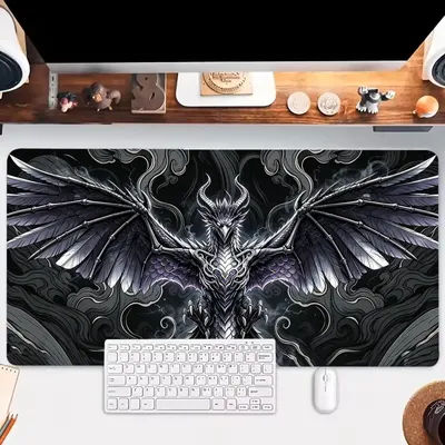 Grand tapis de souris pour jeux, tapis de bureau, tapis de clavier, imprimé squelette d'aile de dragon argenté, nuage noir, fantaisie sombre, tapis de souris en caoutchouc antidérapant