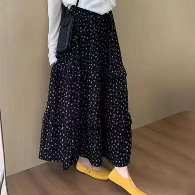 Jupe longue vintage à imprimé floral pour femme, taille haute, coupe trapèze, à volants, pour couvrir les hanches