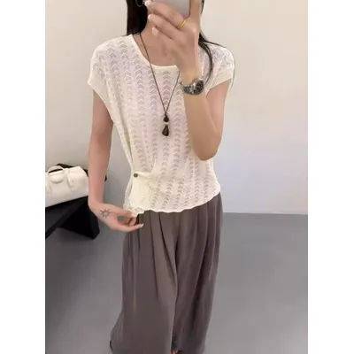 Haut en tricot ajouré pour femme, col rond, manches courtes, boutons latéraux, froncé, décontracté, été