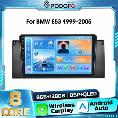 Autoradio multimédia Podofo AI Voice Android 2din pour BMW E53 1999-2005, récepteur Bluetooth FM RDS, autoradio sans fil Carplay Android Auto, navigation GPS, WIFI, DSP