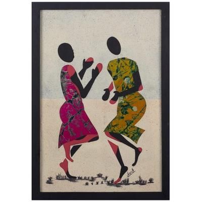 Ampe,'Framed Batik Cotton Oil Painting of Dancers from Ghana'