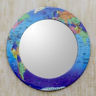 Around the Map,'Round Wood and Glass Mirror with Laminated World Map Front'