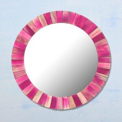 'Pink-Palette Round Mango Wood and Glass Mirror Made by Hand'