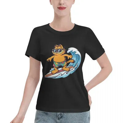 T-shirt pour femme avec autocollants de surf aquatique Garfield mignons, populaire sur les réseaux sociaux, haut en coton uni