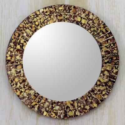 Golden Beach,'Gold and Brown Glass Wall Mirror with Round Mosaic Frame'