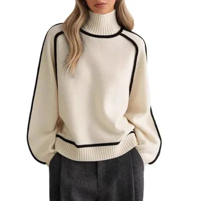 Pull en tricot décontracté ample à col roulé semi-haut, à rayures tridimensionnelles, fin, pour l'automne et l'hiver