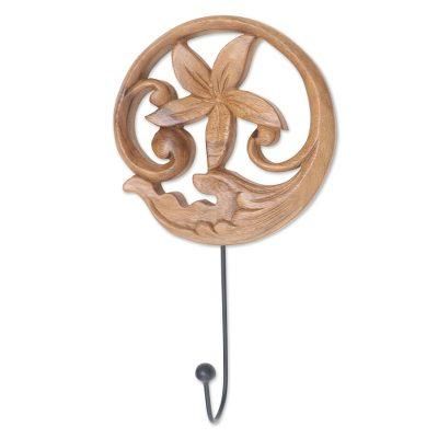 Beautiful Flower,'Floral Hand Carved Wood Wall Hook from Bali'