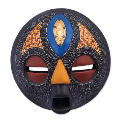'Ghanaian-Made Antiqued Aluminum and Wood African Wall Mask'