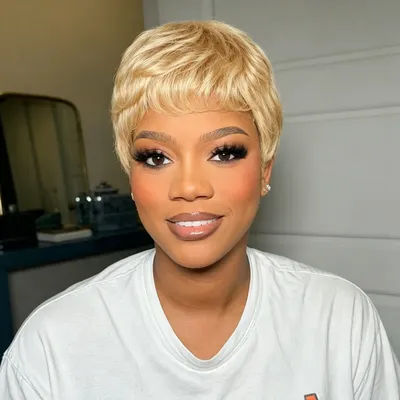 Blonde Pixie Cut Wig with Baby Bangs for Women, Natural Looking Full Machine Made Short Straight 100% Human Hair Wig