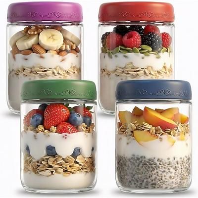 4/8 barattoli di vetro per overnight oats, con coperchi ermetici a prova di perdite, barattoli riutilizzabili, ideali per la preparazione dei pasti, ricette con yogurt, frullati, insalate e colazioni