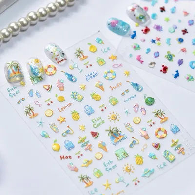 1PCS 5D Summer Style Nail Stickers Beach Party Fruit Sunglasses Self-Adhesive Nail Art Accessories Dopamine Summer Nail Parts