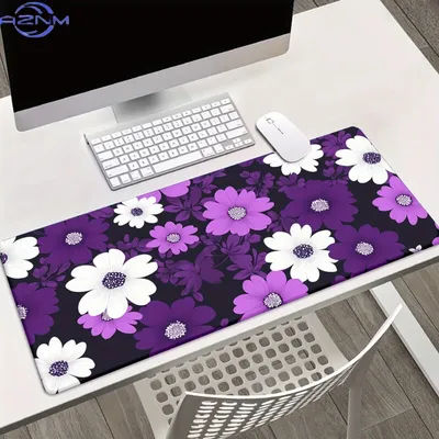Tapis imprimé HD à motif de fleurs violettes et blanches, 1 pièce, pour bureau, tapis de souris XXL multifonctionnel, tapis de souris pour clavier et jeux