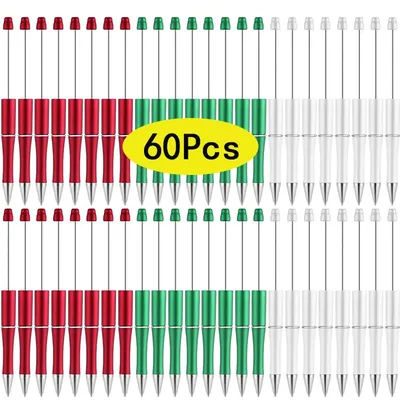 60 stylos à perles de Noël rouges, verts et blancs, stylos à perles en plastique, perles DIY, stylos à bille à encre noire