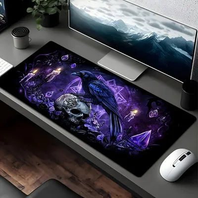 Tapis de souris XXL gothique avec crâne de corbeau, tapis de clavier violet avec bougies et étoiles, tapis de bureau pour ordinateur portable, PC, jeux et décoration