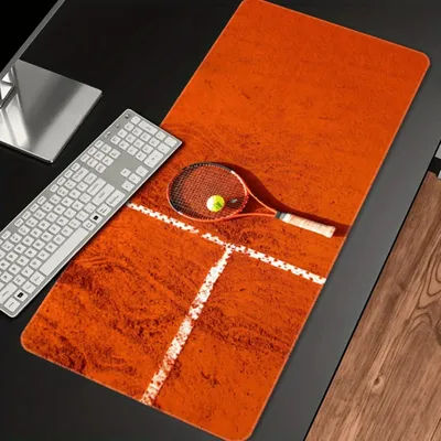 Tapis de souris XXL Tennis Court Design - Tapis de bureau sportif en argile rouge orangée, tapis de clavier étendu antidérapant et cousu