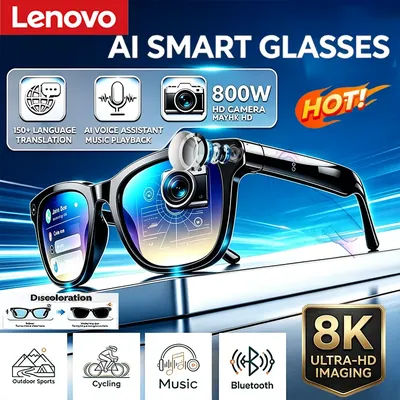 Lunettes intelligentes Lenovo avec caméra HD, appels Bluetooth, assistant vocal IA, enregistrement vidéo pour sports de plein air, lunettes de soleil portables pour le cyclisme
