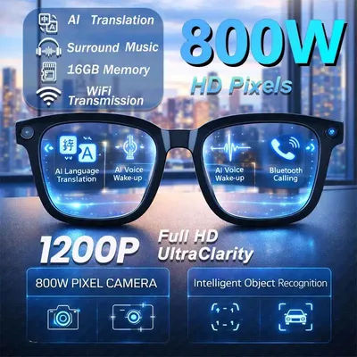 Nouvelles Lunettes Intelligentes 2026 avec Caméra 800W, Enregistrement Photo/Vidéo 1200P, 16 Go, Appel Bluetooth, Traduction, Musique – Lunettes de Soleil Connectées pour Hommes