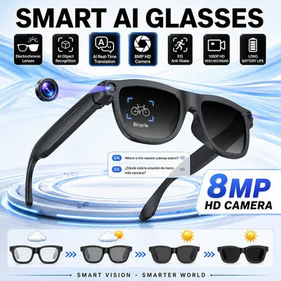 Lunettes 4K HD avec caméra IA, nouvelle version améliorée, enregistrement vidéo HD 800W, reconnaissance photo, appels Bluetooth, traduction vocale, lunettes de soleil