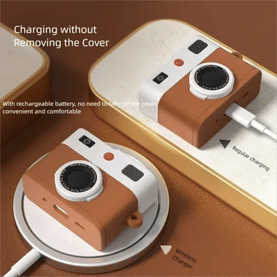Coque de protection souple en silicone pour AirPods Pro 3, AirPods Pro 2, AirPods 4 et 5, avec un design rétro inspiré d’un appareil photo et un porte-clés.