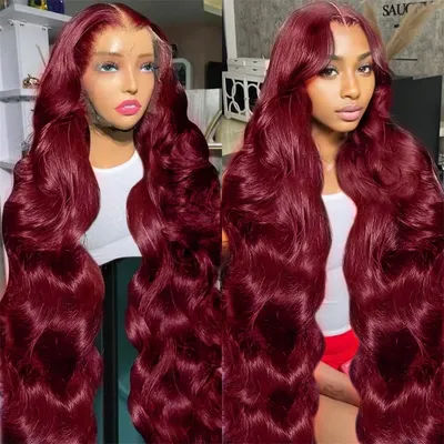 99j Burgundy 46 Inch Human Hair 13x4 13x6 HD Transparent Lace Frontal Wig Pre Plucked With Baby Hair Body Wave Wig 220% Density Brazilian Remy Hair