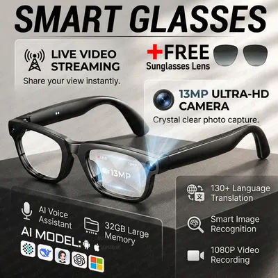 Lunettes intelligentes AI 2026, caméra 13MP, prise de photos, diffusion en direct, traductions ChatGPT, enregistrement POV stabilisé, audio, musique, lunettes de soleil