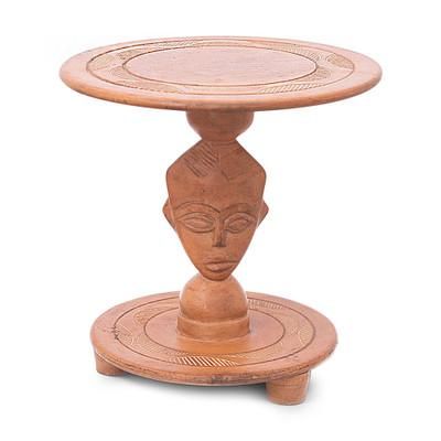 'Handmade Folk Art-Inspired Sese Wood Side Table from Ghana'